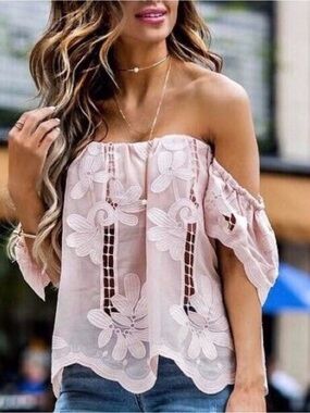 Lovers + Friends Blush Pink Off-Shoulder Floral Lace Top